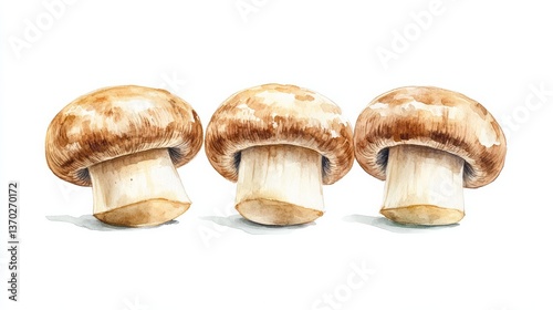 Watercolor painting presents three cultivated brown mushrooms in a row
