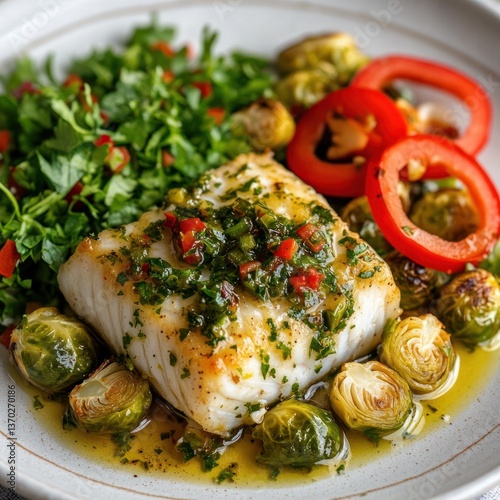 Pan Seared Cod Fillet with Vibrant Herb Sauce and Roasted Vegetables