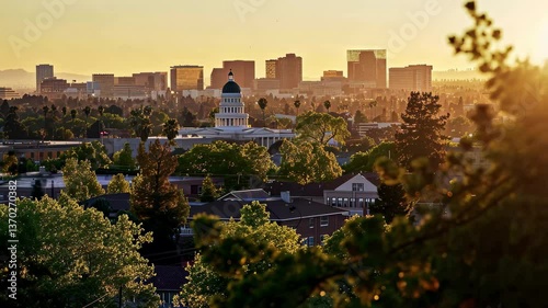 As the sun sets, a warm golden glow envelops Sacramento's skyline, showcasing the state capitol surrounded by vibrant trees and urban development.