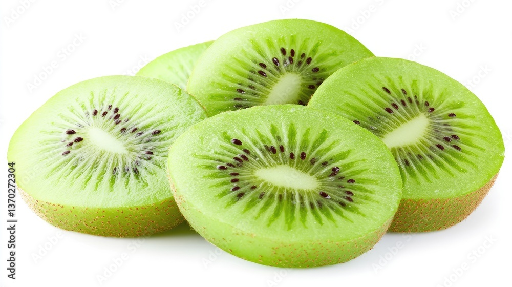 Fototapeta premium Freshly Sliced Green Kiwi Fruit Pieces on White Background