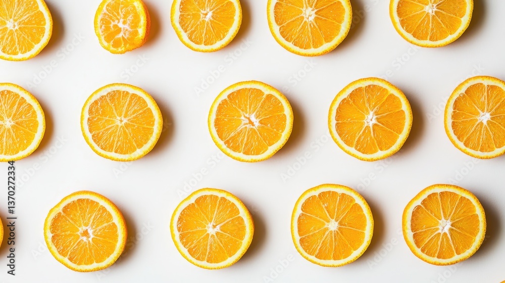 Freshly Sliced Oranges Arranged in a Pattern on a White Background Freshly Sliced Oranges Arranged in a Pattern on a White Background