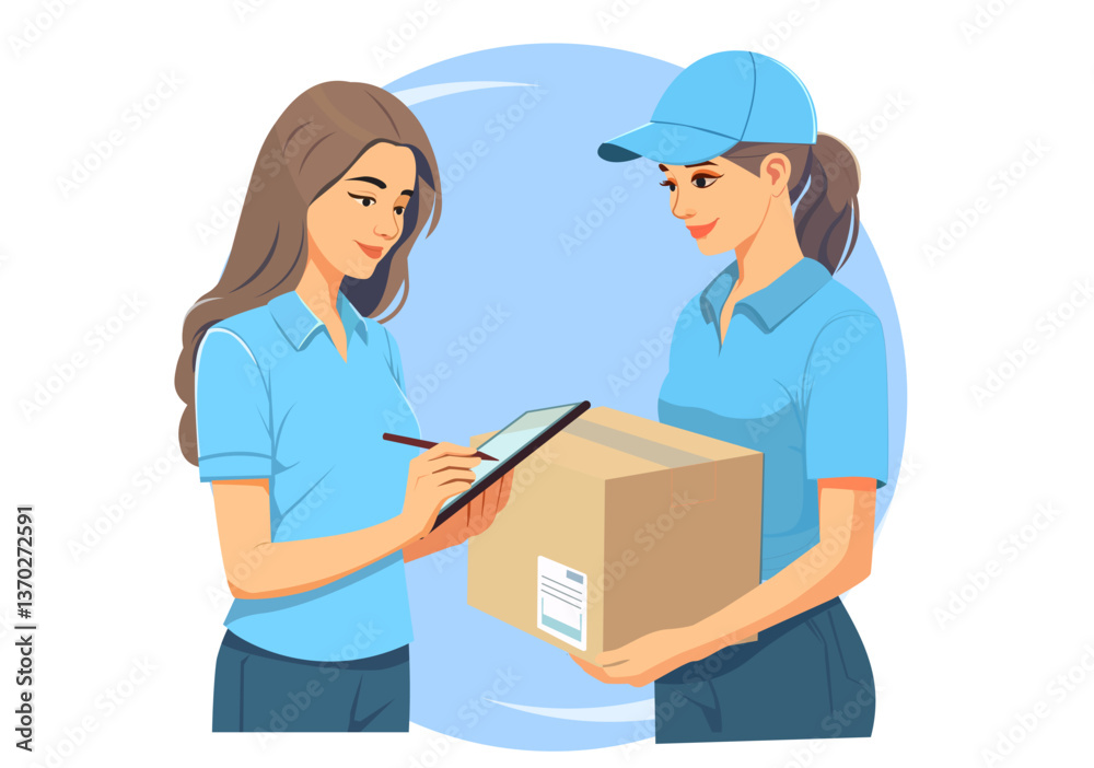 The delivery man is asking the customer to sign to confirm receipt of the goods. The delivery man is asking the customer to sign to confirm receipt of the goods.