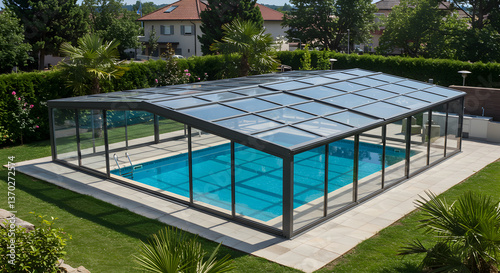 Sophisticated retractable glass pool enclosure blending seamlessly into residential landscape