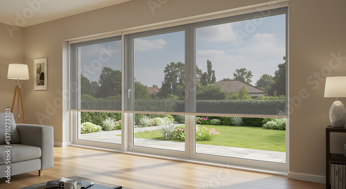 Modern Living Room with Retractable Mosquito Netting and Garden View