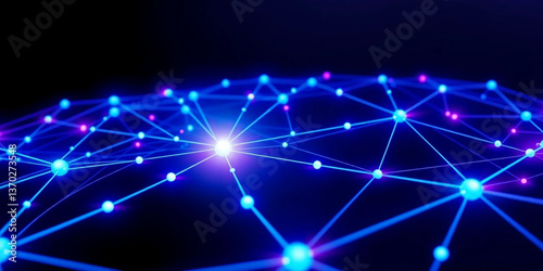 A futuristic digital network with glowing nodes connected by neon lines, forming a complex pattern symbolizing data flow and global connectivity. A three-dimensional perspective with electric blue.