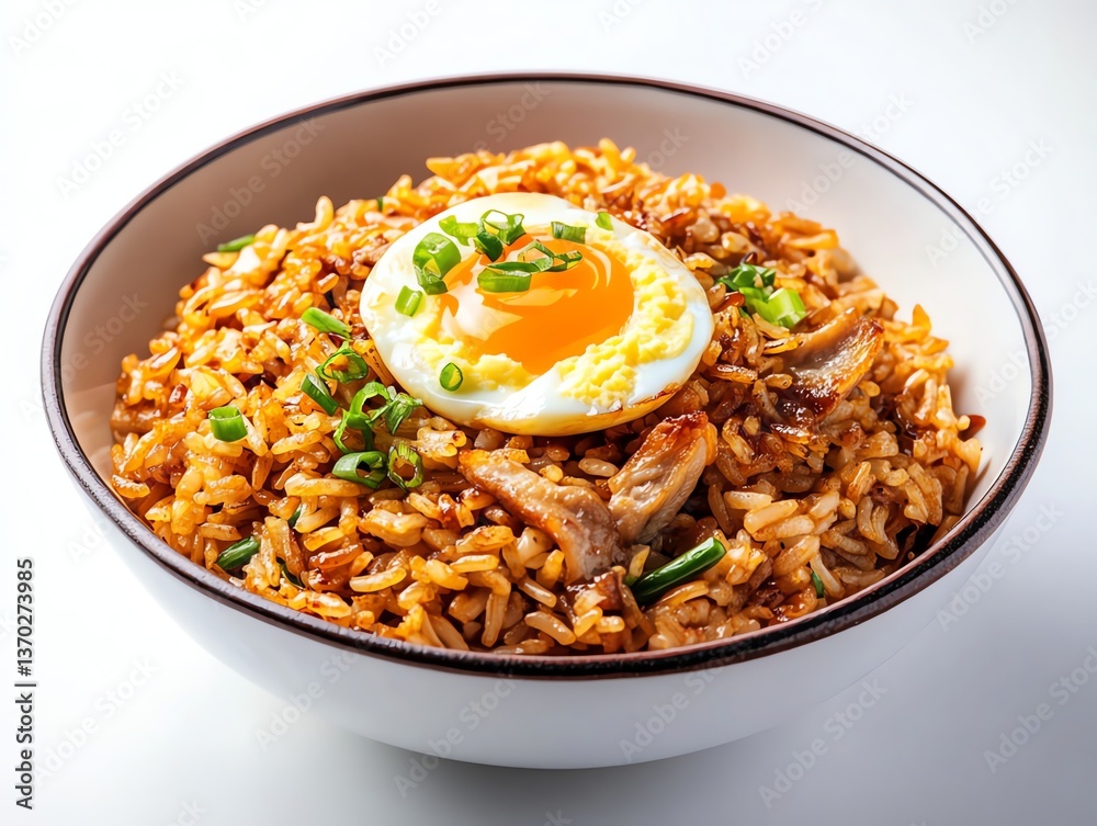 Serving of Fried Rice with Egg and Chicken in Ceramic Bowl Serving of Fried Rice with Egg and Chicken in Ceramic Bowl