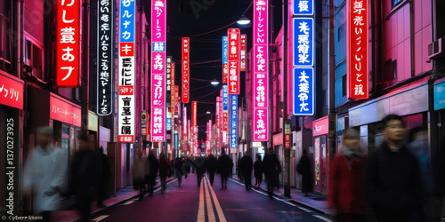 Colorful Osaka nightlife: a street packed with neon signs and blurred figures of people.