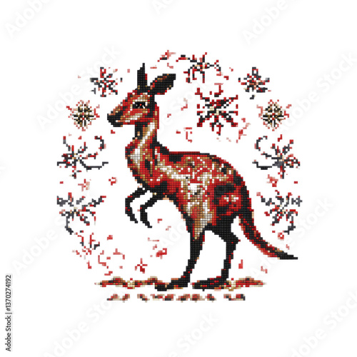 Red Kangaroo in Floral Mandala Cross-Stitch Inspired Art