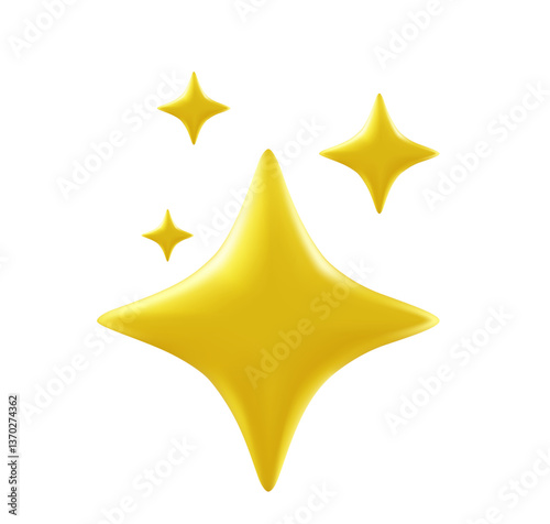 3D Illustration, Minimal Vector Icon Gold Sparkle Star Set Used To Highlight Something Important, Shine, Premium Quality, Newness, Cleanliness Or Shine Isolated On White Background.