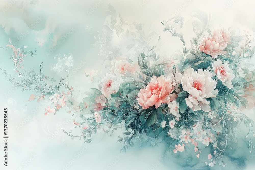 custom made wallpaper toronto digitalSerene Pastel Peonies Watercolor Floral Art.