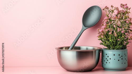 Textured contrast of a titanium ladle with matte grey finish in a sleek stainless pot