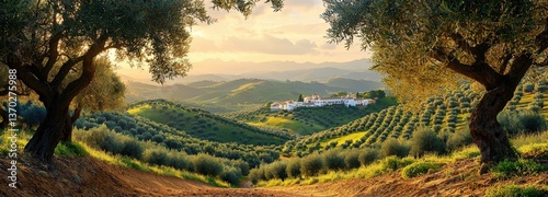 Endless olive groves bloom in spring near a beautiful pueblo blanco in Andalusia