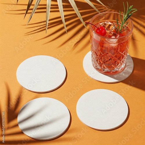 Refreshing Red Cocktail with Rosemary on Orange Background and Blank Coasters