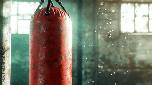 Hanging Red Punching Bag in Gym with Dust Particles in the Air