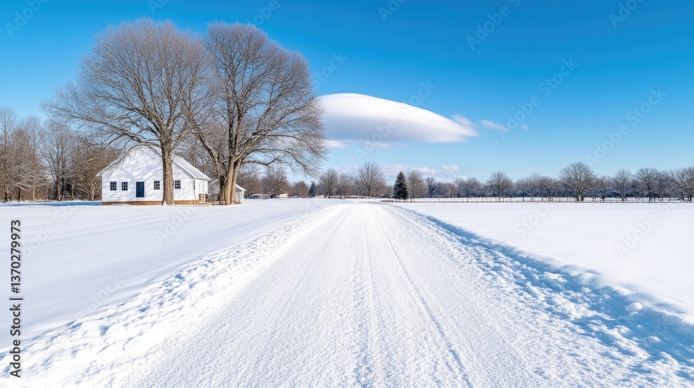 Fototapeta premium Snowy Country Road with Farmhouse