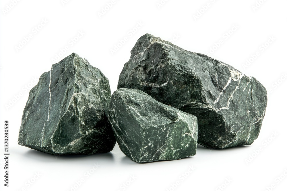 Dark Green Rocks with White Veins on White Background for Landscaping Dark Green Rocks with White Veins on White Background for Landscaping