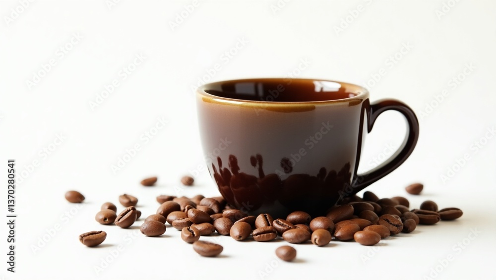 Coffee in a cup with coffee beans outside the cup and a white background. Coffee in a cup with coffee beans outside the cup and a white background.