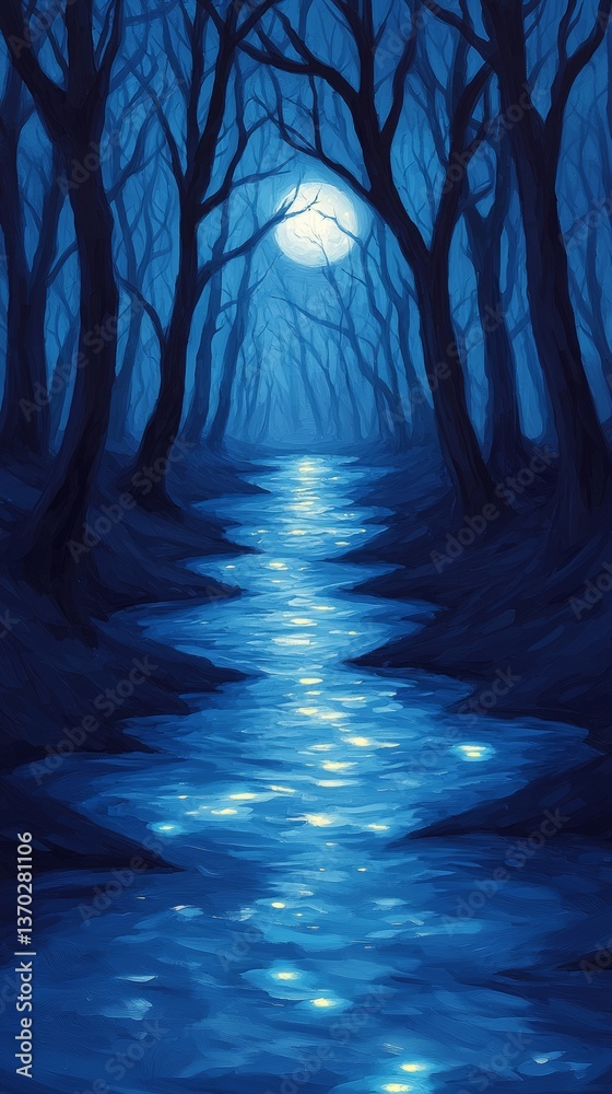 Fototapeta premium Moonlit River Reflection Enchanted Forest Digital Art Serene Night Wide Angle Dreamy Atmosphere
