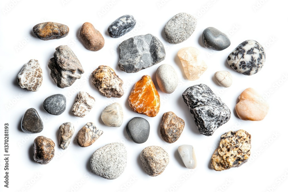 Assorted Smooth River Rocks Scattered on White Background for Design Element Assorted Smooth River Rocks Scattered on White Background for Design Element