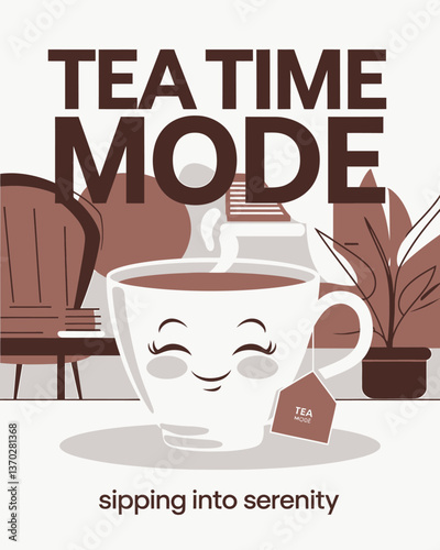 Charming tea time mode illustration with a happy cup, evoking serenity and relaxation through warm earthy tones and minimalist design, perfect for wellness and lifestyle content.