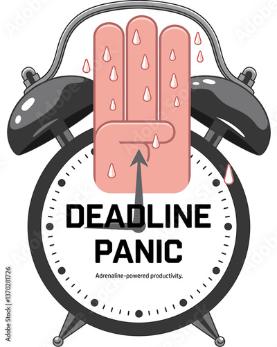 Visual Metaphor for Overwhelming Deadlines and Intense Pressure, Depicting an Alarm Clock with a Sweaty Hand Symbolizing Stress and Urgency, Ideal for Illustrating Work-related Anxiety.