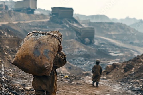 Child labor,children workers,child exploitation.A child carrying a large sack of raw materials on their back in a hazardous mining environment, with distant figures and machinery