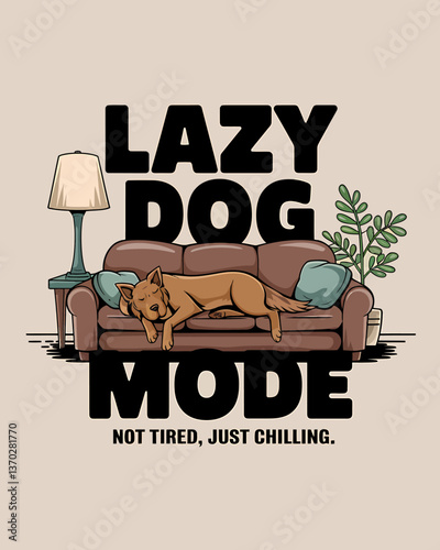 Cartoon Illustration of a Brown Dog Napping on a Sofa with "Lazy Dog Mode" Text, Lamp and Potted Plant, representing relaxation, comfort, and domestic pet life ideal for lifestyle and humor themes.
