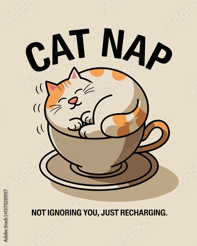 Cute Cartoon Cat Napping in a Coffee Cup - Funny Illustration for Sleepy Cat Lovers and Coffee Addicts, Perfect for T-shirts, Posters and Social Media Content
