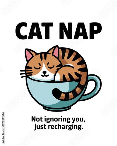 Delightful Illustration of a Tabby Cat Taking a Relaxing Nap Inside a Charming Blue Teacup, Perfect for Capturing Moments of Feline Serenity and Lighthearted Humor, Ideal for Pet-Themed Designs.