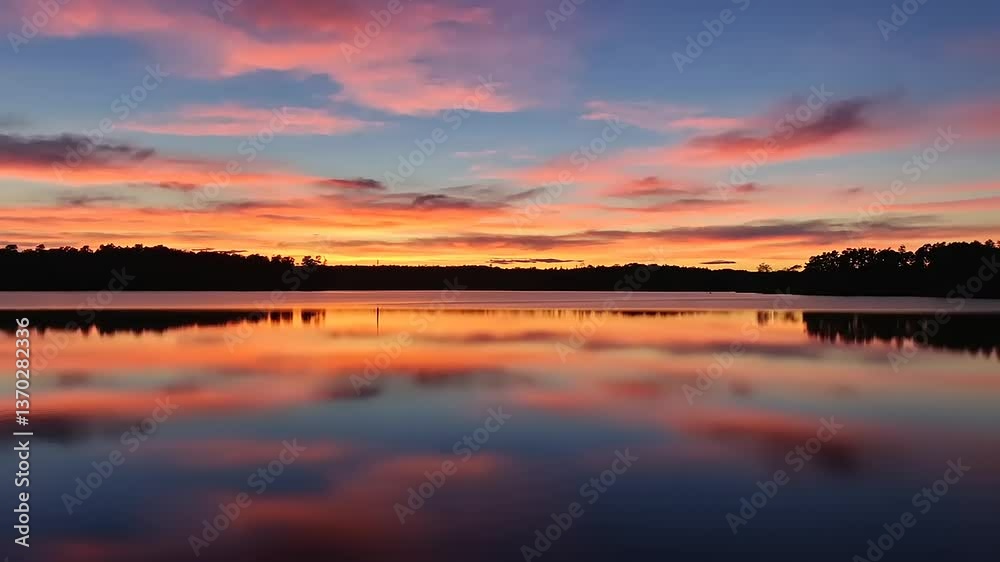 Serene sunset over calm lake reflecting vibrant colors with silhouettes of trees in the background Serene sunset over calm lake reflecting vibrant colors with silhouettes of trees in the background