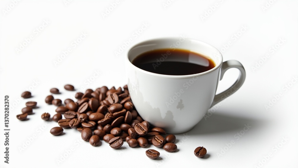 Coffee in a cup with coffee beans outside the cup and a white background. Coffee in a cup with coffee beans outside the cup and a white background.