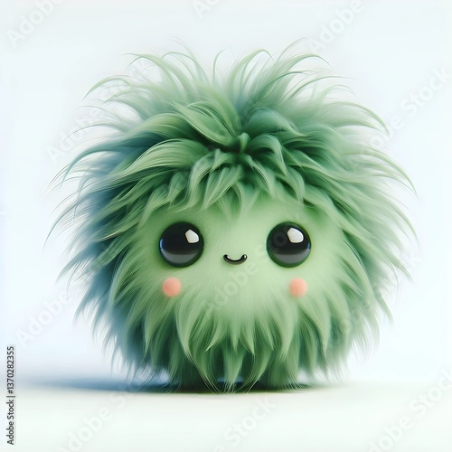 A fluffy green cartoon creature with large black eyes, pink cheeks, and a small smile sits on a white surface. Its round body is fully covered in soft, leafy fur.