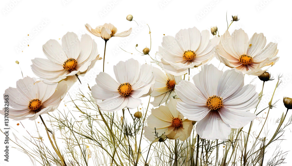 Fototapeta premium delicate digital illustration of white cosmos flowers with golden-yellow centers, gently flowing in air isolated on transparent white background, PNG Generative image.