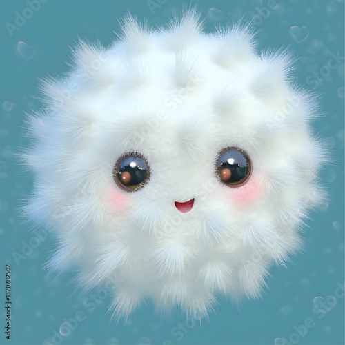 A fluffy, white, round cartoon creature with shiny eyes, blushing cheeks, and a happy smile floats against a soft blue background with faint heart shapes.