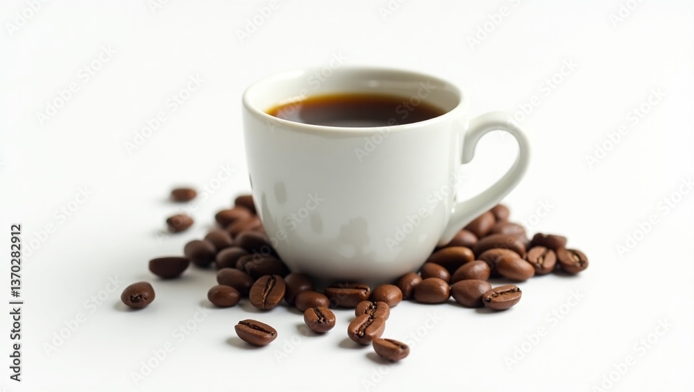 Coffee in a cup with coffee beans outside the cup and a white background. Coffee in a cup with coffee beans outside the cup and a white background.