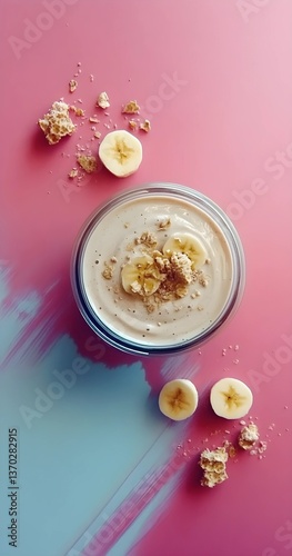 A glass of banana smoothie topped with banana slices, oats, and seeds is placed on a pink and blue background, surrounded by scattered oats and banana pieces.