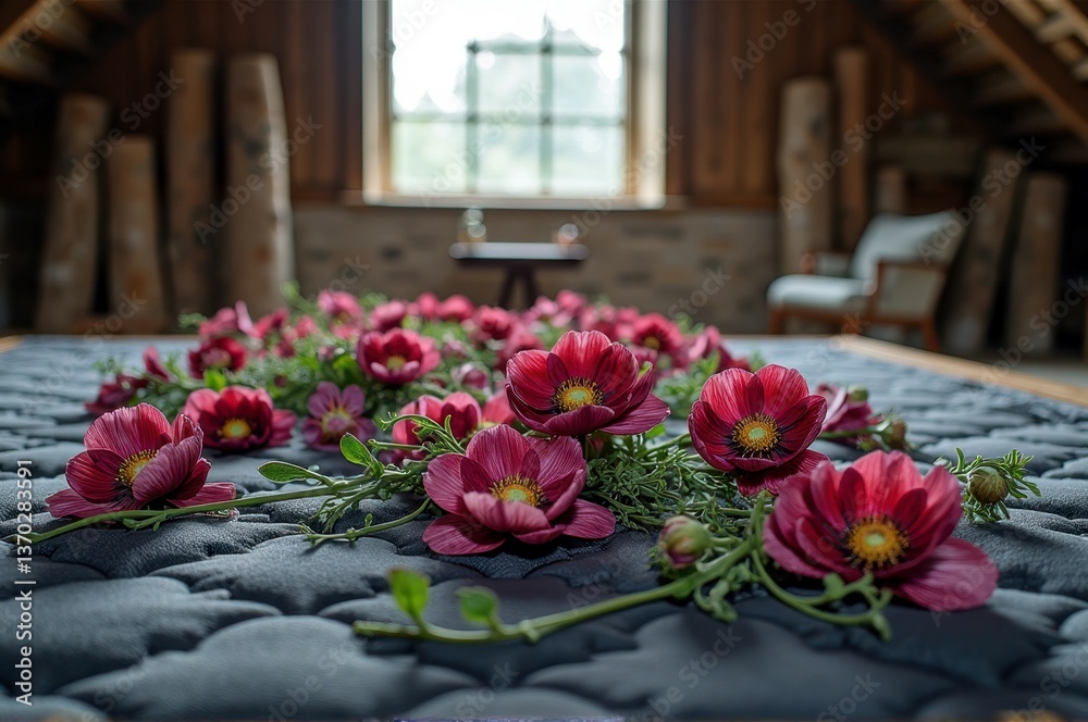 Fototapeta premium Red flowers arranged on dark quilted bedspread in rustic attic room with window view