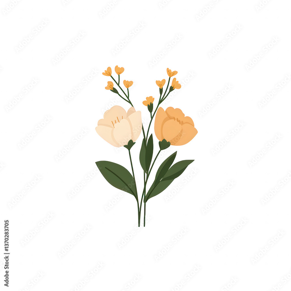 Obraz premium A delicate bouquet featuring soft peach and cream flowers accented by vibrant green leaves, perfect for adding a touch of elegance and nature to any design or project.