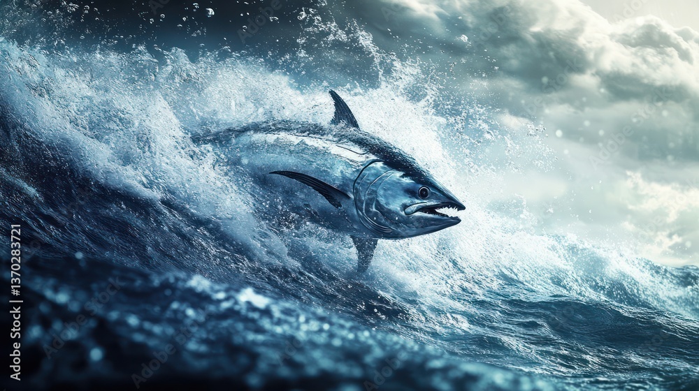 Fototapeta premium Tuna leaping, stormy sea, ocean, power