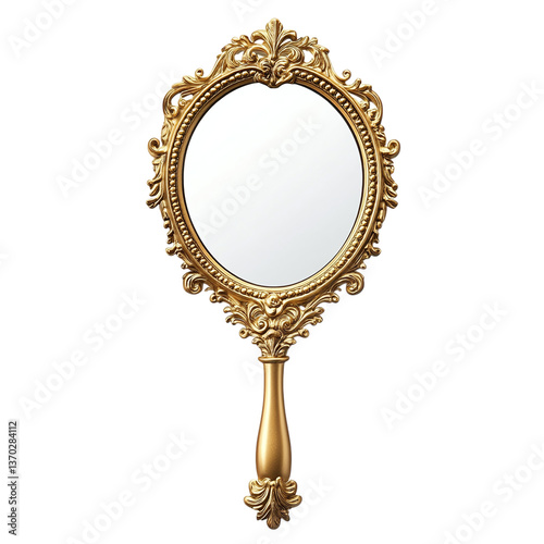 Vintage handheld mirror with ornate gold frame and reflective glass isolated on white transparent background
