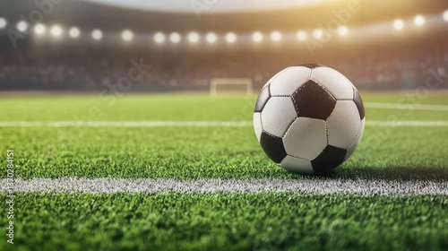 Soccer Ball on the Field During a Match with Stadium Lights