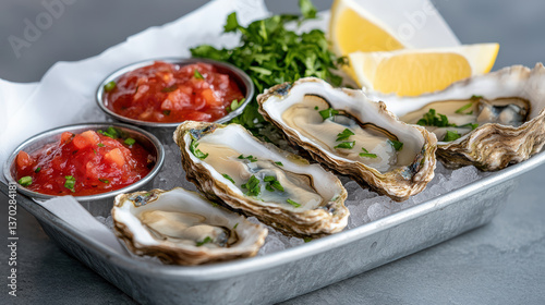 Freshly shucked oysters served with lemon, salsa, and herbs, perfect for seafood lovers