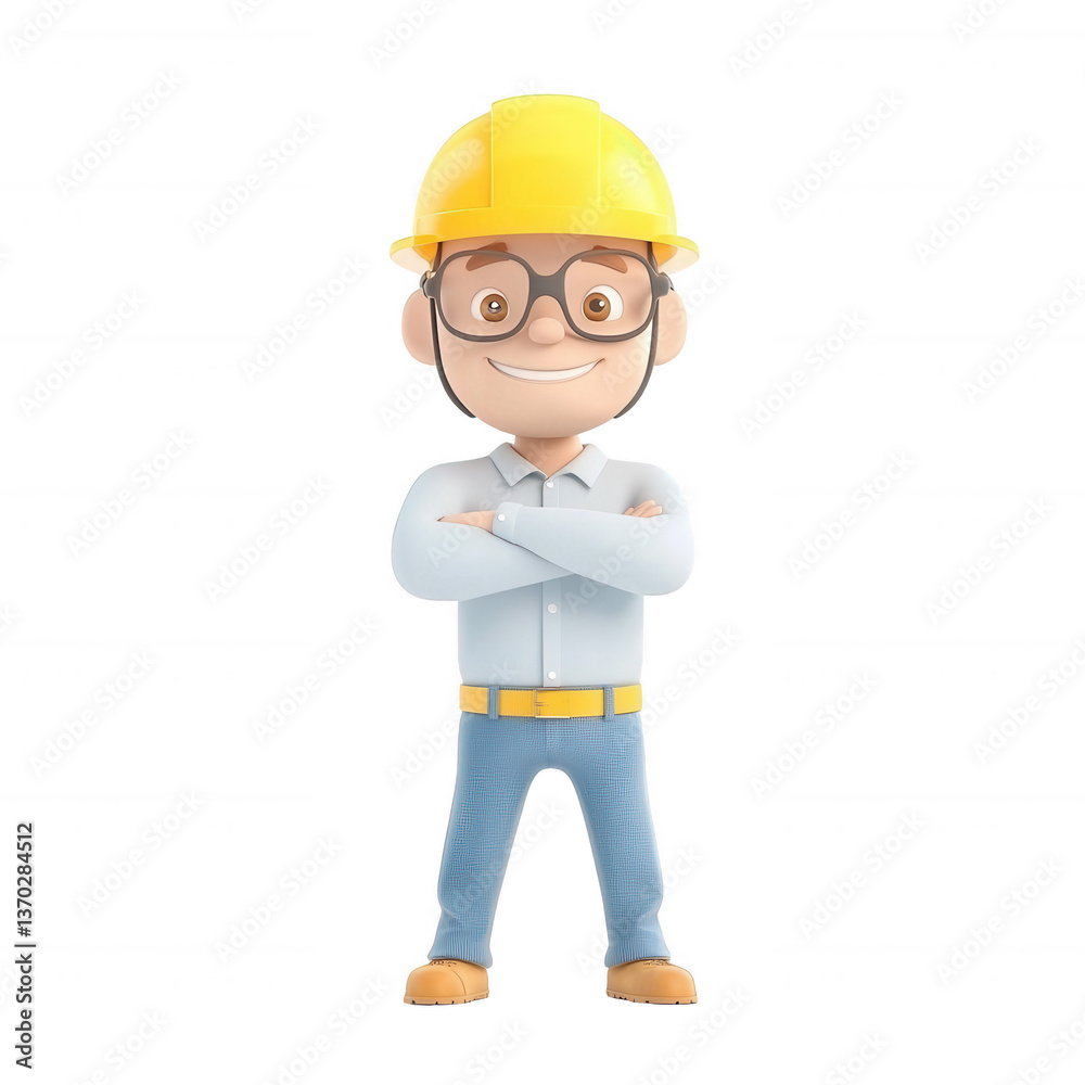 A friendly cartoon construction worker character with glasses and a hard hat, standing confidently with arms crossed against a white isolate background.