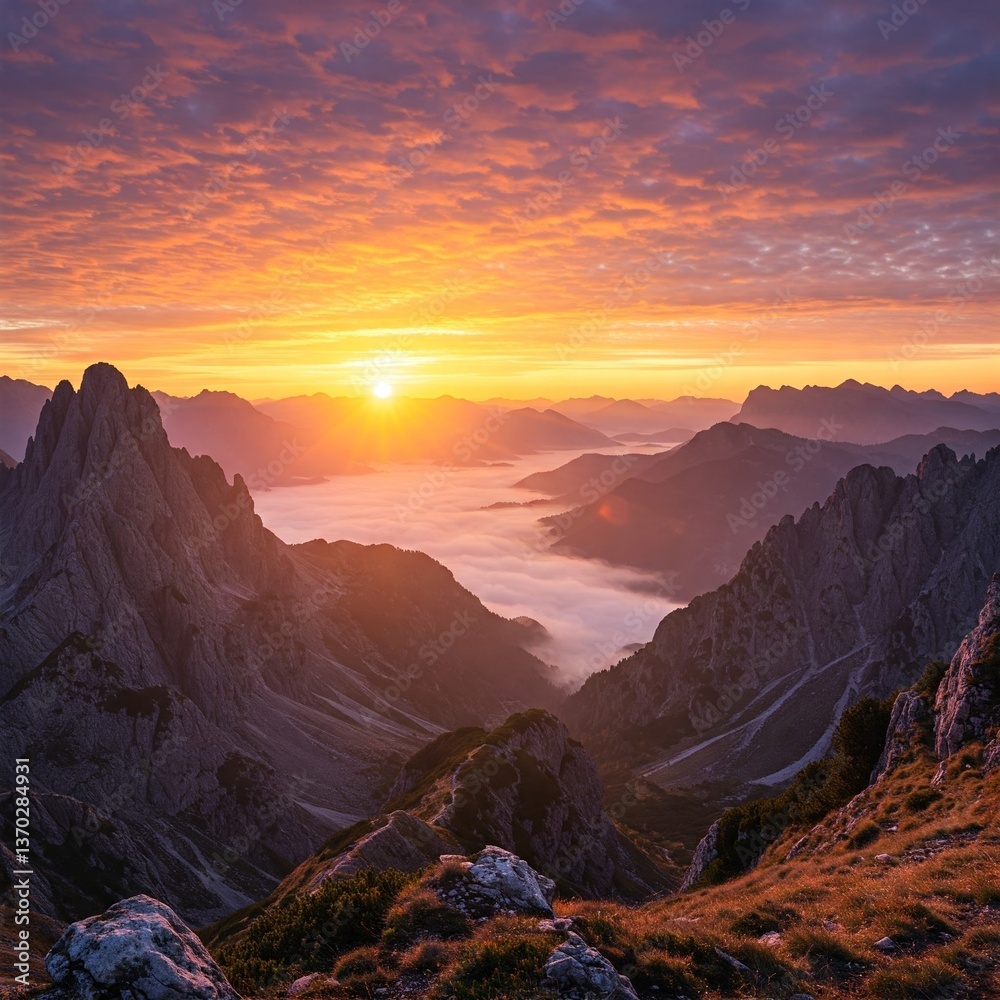 Naklejka premium Majestic Mountain Sunrise Over Fog-Filled Valley and Dramatic Sky