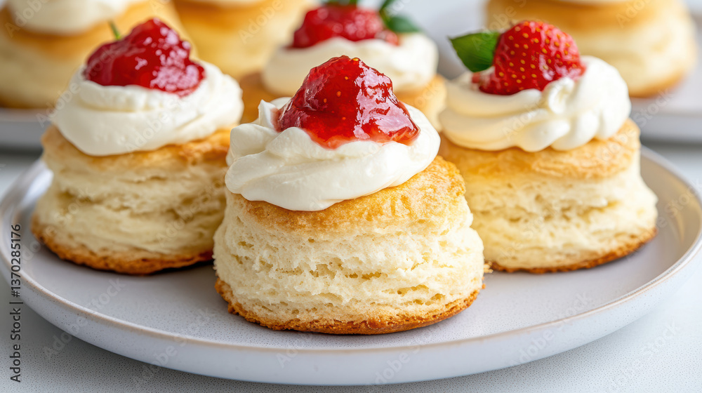 Freshly baked scones topped with cream and strawberries create delightful treat Freshly baked scones topped with cream and strawberries create delightful treat