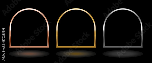 Shiny metal arch frame. Isolated luxury pink gold, gold and silver arch curve border on black background. Set of glossy geometric flat frame mockup design element. 3d Vector illustration.