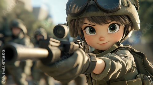 Animated Soldier Aiming Rifle in Military Uniform Outdoors in Sunny Day
