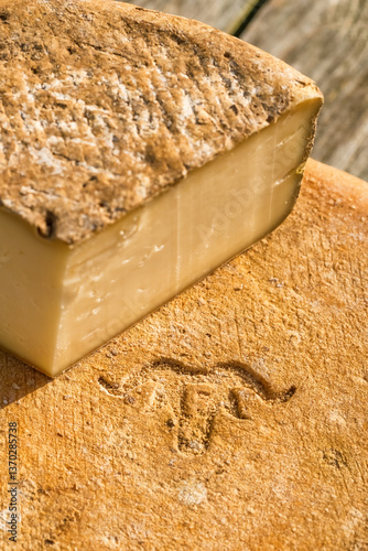Obraz na płótnie Close-up of Ossau-Iraty cheese logo at a delicious cheese wheel w salonie