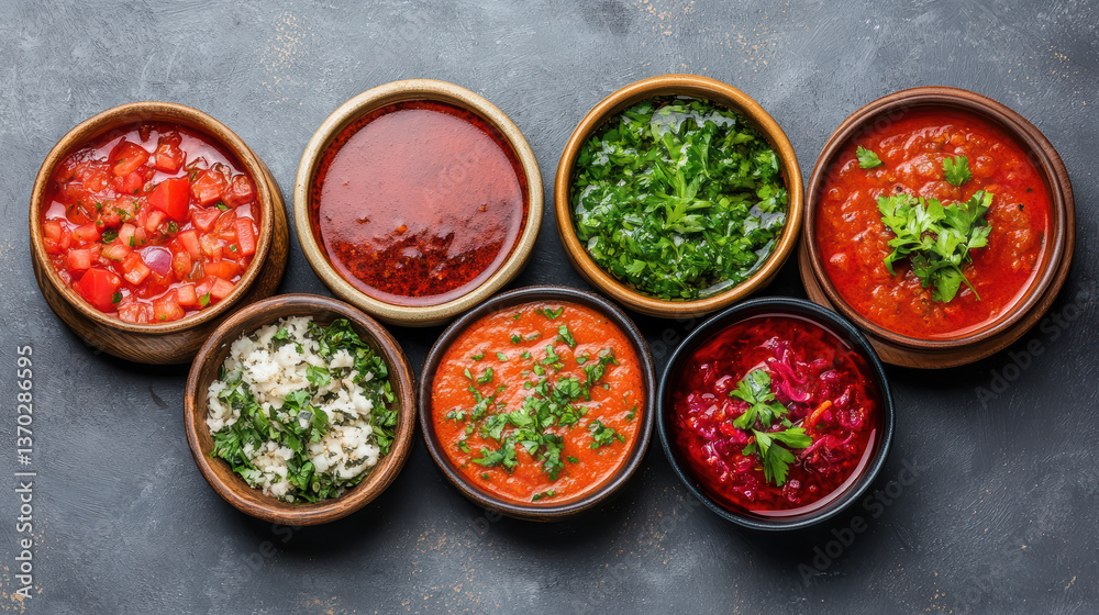 Delicious variety of colorful soups and sauces bowls, showcasing vibrant ingredients and Delicious variety of colorful soups and sauces bowls, showcasing vibrant ingredients and