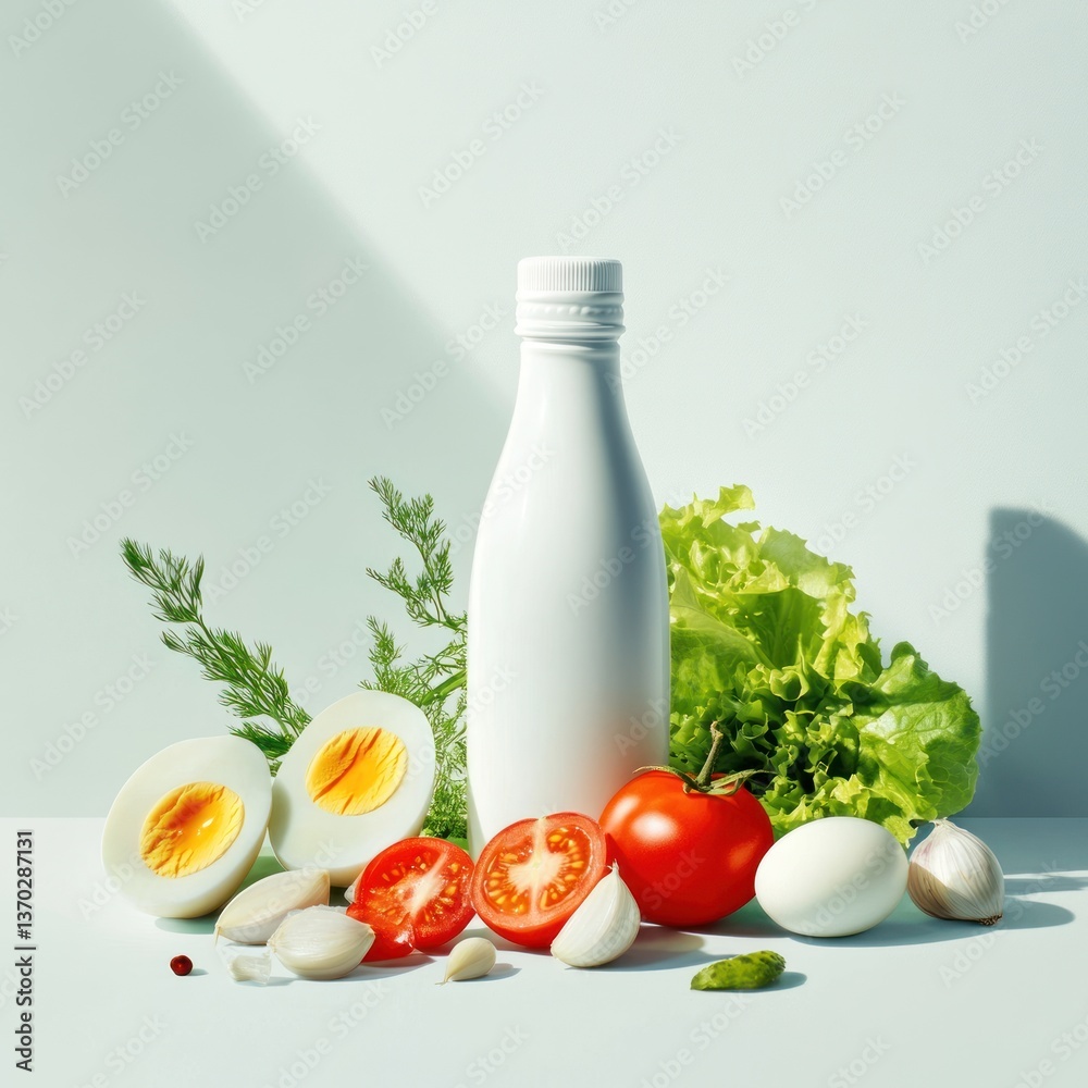 Fresh ingredients still life displaying a bottle, eggs, and vegetables Fresh ingredients still life displaying a bottle, eggs, and vegetables
